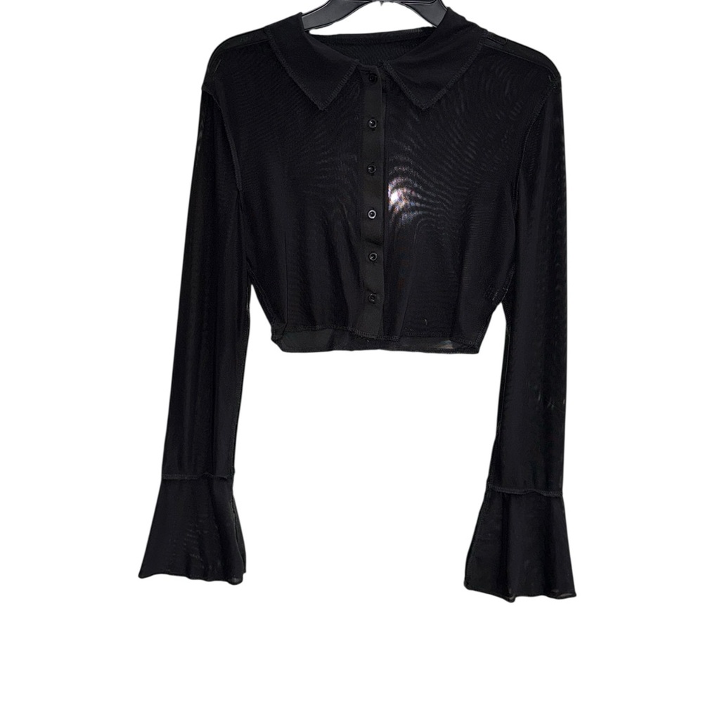 SHEIN Black Mesh Button-Up Cropped Top Size Medium